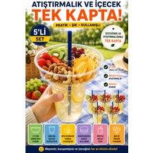 Open City 5'li Set Atıştırmalık Hazneli Bardak 350 ml Pipetli Pet Piknik Sinema Parti Içecek Bardağı Seti 17 cm