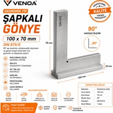 Venoa Ekonomik Tip Şapkalı Gönye 100x70 mm DIN 875 Paslanmaz Çelik Hassas Ölçüm Gönyesi