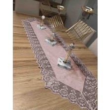 Koray Home Kadife Dantel Detaylı Masa Örtüsü Runner Pudra