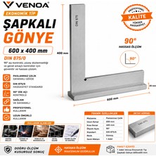 Venoa Ekonomik Tip Şapkalı Gönye 600x400 mm DIN 875 Paslanmaz Çelik Hassas Ölçüm Gönyesi