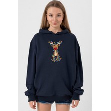 Tshirthane Adorable Reindeer Christmas Lacivert Kadın 3ip Kapşonlu