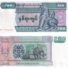 Benim Koleksiyonum Myanmar, 200 Kyat (2004) P#78 Çil Eski Yabancı Kağıt Para