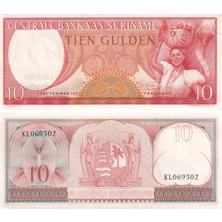 Benim Koleksiyonum Surinam, 10 Gulden (1963) P#121 Çil Eski Yabancı Kağıt Para