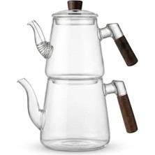 Tech Butiq Deconox 1000 ml + 750 ml Akasya Ahşap Kulplu Cam Çaydanlık