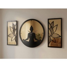 Ergeç Tasarım Lotus Meditasyon Gold Aynalı Pleksi Dekoratif Duvar Saati ve Panel Seti 3 Parça 50 cm | Siyah / Atlantik Çam