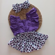 Mars Baby Kız Bebek Mor Lila Böğürtlen Desenli Fırfırlı Salopet Bandana Takım