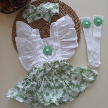 Mars Baby Kız Bebek Beyaz Yeşil Çiçek Desenli Fırfırlı Salopet Bandana Beyaz Çorap Takım