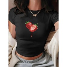 Nevermind Kadın Crop Baby Tee Çilek Baskılı Dar Kesim %100 Pamuk Y2K Estetik Tişört