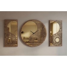Ergeç Tasarım Denge Serisi Yin Yang Gold Aynalı Pleksi Dekoratif Duvar Saati ve Panel Seti | 50 cm Saat + 2 Adet 25X50 cm Panel | Siyah / Atlantik Çam
