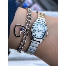 Bonicce Retro Model, Minimal Oval Kasa, Gümüş Renk Kordon, Roma Rakamlı Bileklik ve Kadın Kol Saati