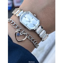 Marka Vintage Model, Minimal Kare Kasa, Gümüş Renk, Şık Kadın Kol Saati+Bileklik
