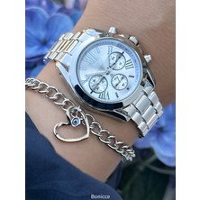 Bonicce Marka Vintage Model, Minimal Kare Kasa, Gümüş Renk, Şık Kadın Kol Saati+Bileklik