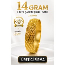 Aks Gold 22 Ayar TSE Belgeli (14 GRAM) Lazer Çapraz Çizgili 15 mm Ajda Altın Bilezik İşçiliksiz