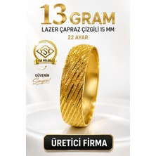 Aks Gold 22 Ayar TSE Belgeli (13 GRAM) Lazer Çapraz Çizgili 15 mm Ajda Altın Bilezik İşçiliksiz