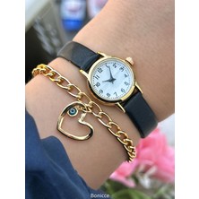 Bonicce Retro Model, Minimal Siyah Deri Kordon,Bileklik ve Kadın Kol Saati
