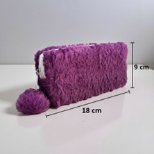 Elegance Peluş Ponponlu Mor Kalem Çantası