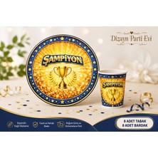 Dizayn Parti Evi Şampiyon Temalı Parti Seti 8 Kişilik Karton Tabak ve Bardak Seti Gold Kırmızı Siyah Lacivert Doğum Günü Konsepti