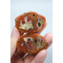Healcrystal Carnelian Kırmızı ve Yakılmış Turuncu Bantlı Siyah Deniz Akik Çifti, Mor Göz Akik