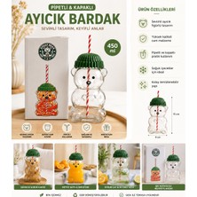 Ayıcık Tasarımlı Cam Bardak Pipetli ve Kapaklı – Soğuk Içecek Bardağı 450 ml