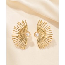 Kumru Studio Gold Yelpaze Tasarım Inci Detaylı Küpe | Modern Statement Kadın Küpe