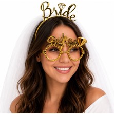 Samur Parti Bride Yazılı Gold Taç ve Parti Gözlüğü Seti