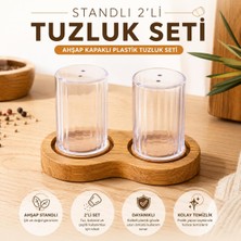 BURADABULDUN Ahşap Standlı 2'li Tuzluk Seti - Ahşap Kapaklı Şeffaf Plastik Baharatlık