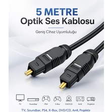 Derwell 5 Metre Optik Ses Kablosu Toslink Dijital Fiber Ev Sinema Soundbar Uyumlu Siyah Altın Kaplama Uçlu Kristal Netliğinde Parazitsiz Sinyal Iletimi Çevresel Surround Akustik Ses Sistemi Bağlantı Kablosu