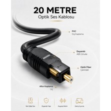 Derwell 20 Metre Optik Ses Kablosu Toslink Dijital Fiber Ev Sinema Soundbar Uyumlu Siyah Altın Kaplama Uçlu Kristal Netliğinde Parazitsiz Sinyal Iletimi Çevresel Surround Akustik Ses Sistemi Bağlantı Kablosu