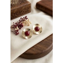 Rafiel Kadın Gold Retro Küpe - Bordo Taşlı Vintage Tasarım Daire Küpe