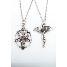 IDR 2'li Ters Pentagram Keçi Kafası - Yılan Ejderha Gümüş Kaplama Kolye Seti