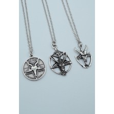 IDR 3'lü Lucifer Morning Star Pentagram Pagan Keçi Şeytan Gümüş Kaplama Kolye Seti