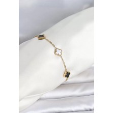 Renas Store 316L Çelik Gold Renk Siyah Beyaz Baby Yonca Model Kadın Bileklik TJ-BB8557