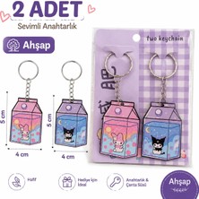 LUXMON Kawaii Sevimli Süt Kutusu Tasarımlı Çift Anahtarlık Seti ve Çanta Süsü 2 Adet Ahşap