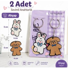 LUXMON Kawaii Bunny Bear Ahşap Çift Anahtarlık Çanta Süsü 2 Adet