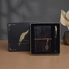 Kutulu Deri Defter ve Metal Roller Kalem Seti - Yaprak Desenli - Baskıya Uygun Midastech