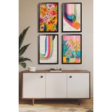 Dekorvia 4 Parça Mdf Tablo Siyah Ahşap Çerçeve Görünümlü Modern Renkli Sanat Seti