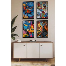 Dekorvia 4 Parça Mdf Tablo Siyah Ahşap Çerçeve Görünümlü Modern Renkli Kedi Sanatı