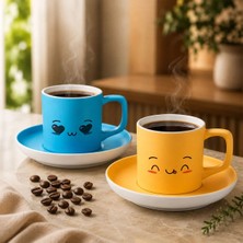 Bk Gift 2'li Turkuaz ve Sarı Renkli Emoji Yüz Tasarımlı Seramik Türk Kahvesi Fincanı Takımı-4