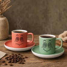 Bk Gift 2'li Somon ve Yeşil Renkli Emoji Yüz Tasarımlı Seramik Türk Kahvesi Fincanı Takımı-1