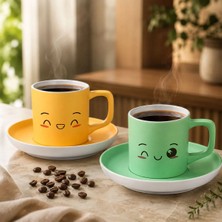 Bk Gift 2'li Sarı ve Yeşil Renkli Emoji Yüz Tasarımlı Seramik Türk Kahvesi Fincanı Takımı-6