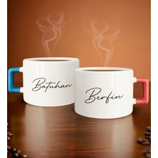 Bk Gift Kişiye Özel Isimli Tarihli Mavi ve Pembe Kulplu 2li Çay & Kahve Fincanı, Arkadaşa Hediye, Sevgiliye Hediye