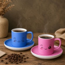 Bk Gift 2'li Mavi ve Pembe Renkli Emoji Yüz Tasarımlı Seramik Türk Kahvesi Fincanı Takımı-6