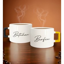 Bk Gift Kişiye Özel Isimli Tarihli Siyah ve Sarı Kulplu 2li Çay & Kahve Fincanı, Arkadaşa Hediye, Sevgiliye Hediye