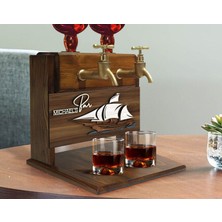 Bk Gift Kişiye Özel Kabartma Gemi Tasarımlı Isimli Çift Musluklu Doğal Ahşap Içki Standı-3, Içki Standı, Doğum Günü Hediyesi, Ev Hediyesi