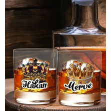 Bk Gift Kişiye Özel Isimli Dtf Kral Kraliçe Tacı Tasarımlı Ikili Viski Kadeh Seti, Arkadaşa Hediye, Sevgiliye Hediye