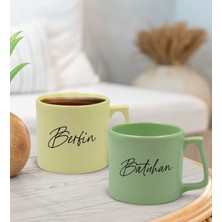 Bk Gift Kişiye Özel Isimli Pastel Sarı ve Yeşil 2'li Middle Kupa Bardak Seti-6, Sevgiliye Hediye, Ev Hediyesi, Arkadaşa Hediye
