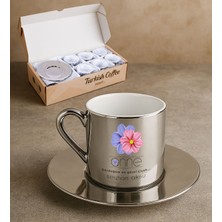 Bk Gift Kişiye Özel Anneler Günü Tasarımlı Porselen Metalik Gümüş Kahve Fincanı 6 'lı Set-2, Anneye Hediye, Anneler Günü Hediyesi