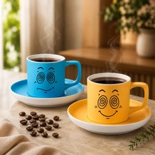 Bk Gift 2'li Turkuaz ve Sarı Renkli Emoji Yüz Tasarımlı Seramik Türk Kahvesi Fincanı Takımı-1