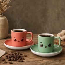 Bk Gift 2'li Somon ve Yeşil Renkli Emoji Yüz Tasarımlı Seramik Türk Kahvesi Fincanı Takımı-8