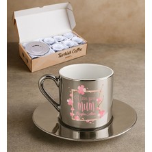 Bk Gift Kişiye Özel Anneler Günü Tasarımlı Porselen Metalik Gümüş Kahve Fincanı 6 'lı Set-3, Anneye Hediye, Anneler Günü Hediyesi